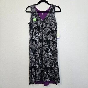 Gaiam Reversible Dress Black Gray Floral Purple Trim Sleeveless Medium NWT‎
